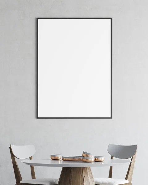 Біла і дерев'яна мінімалістична їдальня, плакат — стокове фото