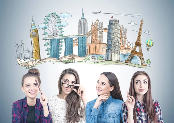 Four teen girls thinking together, travel — Stock Photo, Image