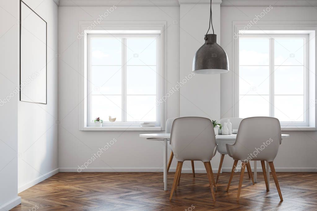 White dining room, wooden floor, poster side view