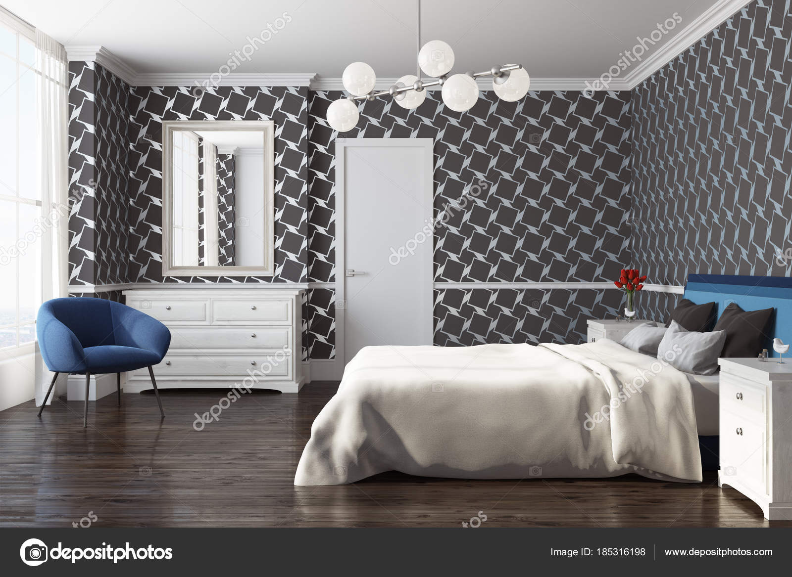 Schwarze Muster Schlafzimmer, Sessel, Seitenansicht — Stockfoto ... Schwarze Muster Schlafzimmer, Sessel, Seitenansicht — Stockfoto ...