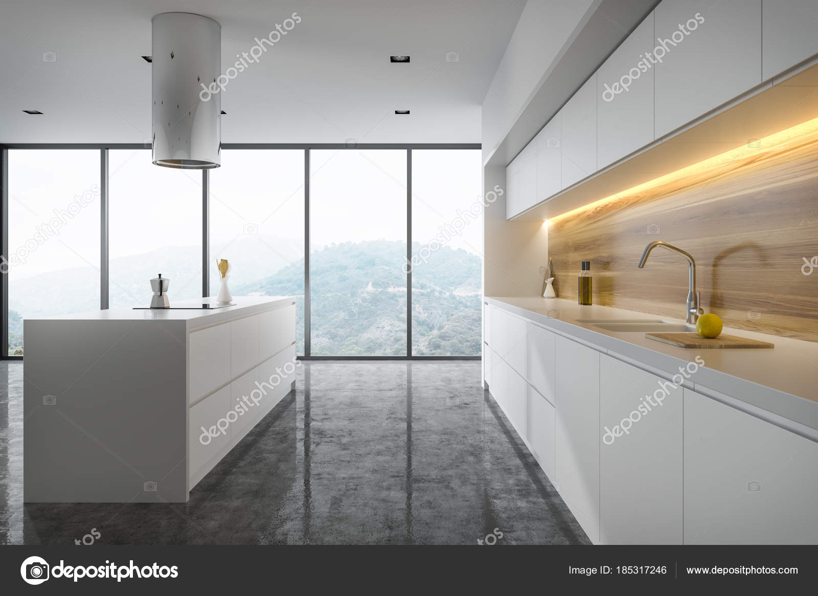 Vista laterale di una cucina bianca e legno — Foto Stock ... Vista laterale di una cucina bianca e legno — Foto Stock ...
