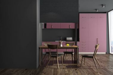 Siyah mutfak, kırmızı ve siyah mobilya, duvar