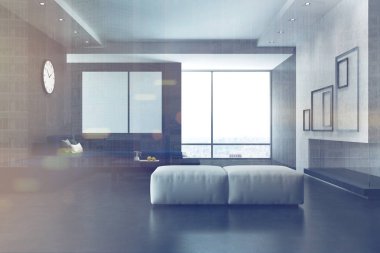 Beyaz ve gri oturma odası, tonda posterler