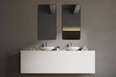 Gri bir banyo beyaz lavabo vanity biriminde