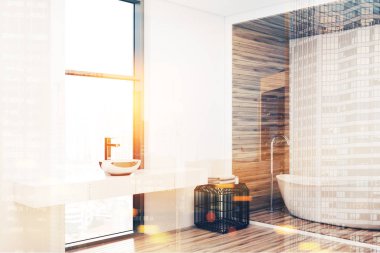 Beyaz ve ahşap banyo köşesinde tonda