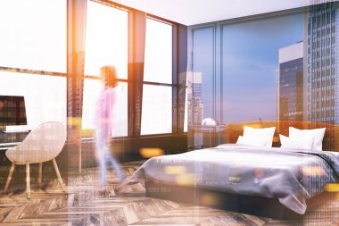 Şık yatak odası köşe, gri tonlu