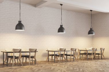 Beyaz tuğla kafe iç yan görünüm