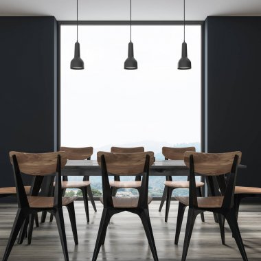 Siyah yemek masası ile tasarım sandalyeler, pencere