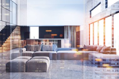 Beyaz oturma odası ve mutfak, gri kanepe Çift