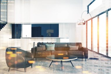 Beyaz oturma odası, siyah kanepe ve koltuk tonda