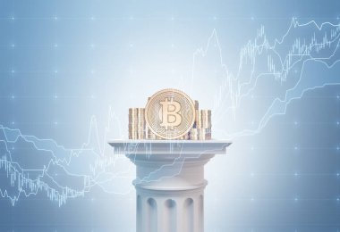 Bir sütun, grafikler, mavi Bitcoin