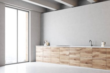 Orijinal gri ve ahşap mutfak fikir yan