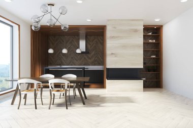 Panoramik mutfak açık koyu ahşap tablo