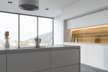 Panoramik beyaz ve ahşap mutfak yan