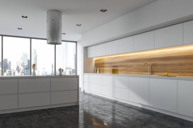 Beyaz ve ahşap mutfak iç, ada