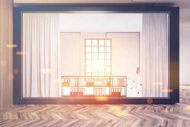 Tonlu beyaz ve cam açık alan ofis ahşap zemin