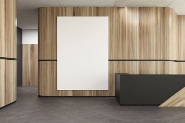 Siyah ve ahşap Resepsiyon ofis lobisinde