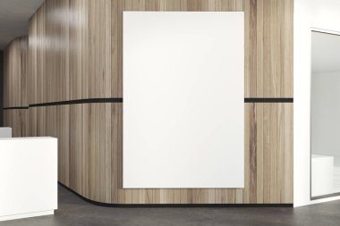 Ahşap ofis lobisinde büyük poster