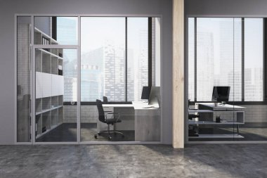 Gri ve ahşap alan office lobi yan