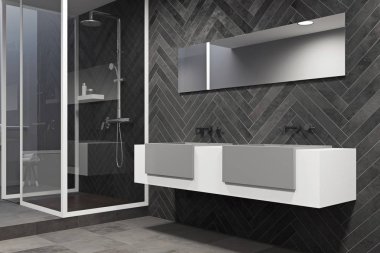 Beyaz lavabo vanity birim bir siyah banyo yan