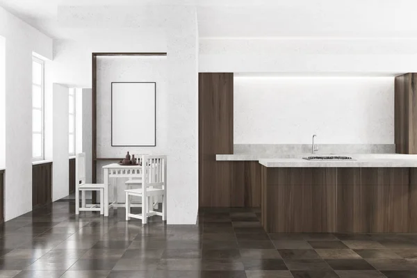 Белая кухня, деревянные столешницы, плакат — стоковое фото