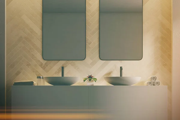 トーンの軽い木製の浴室のダブル シンク — ストック写真