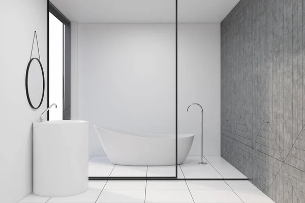 Glass wall bathroom with a white tub and a sink — Stock Photo, Image