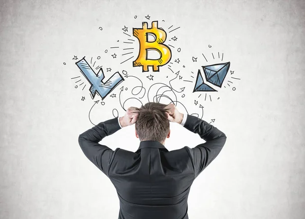 Businessman in panic, cryptocurrency bitcoin — Stock Photo, Image