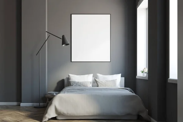 Mörk grå sovrum inredning med en affisch — Stockfoto