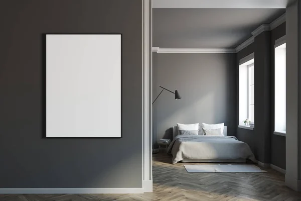 Dark gray bedroom with a poster — Stock Photo, Image