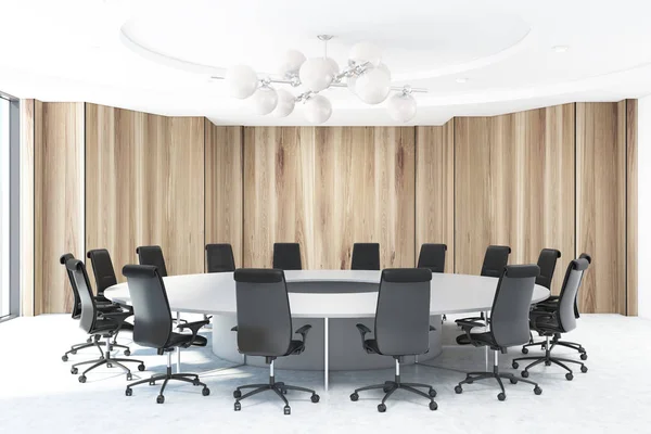 Wooden meeting room, round table — Stock Photo, Image