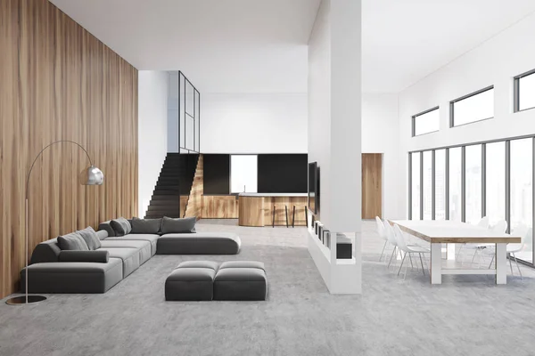 Bílé a dřevěný obývací pokoj studio — Stock fotografie