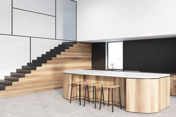 Fonksiyonel beyaz, siyah, ahşap mutfak, merdiven — Stok fotoğraf