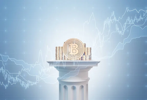 Bitcoin su una colonna, grafici, blu — Foto Stock