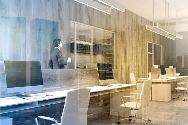 Wooden and gray office corner, computer toned — Stock Photo, Image