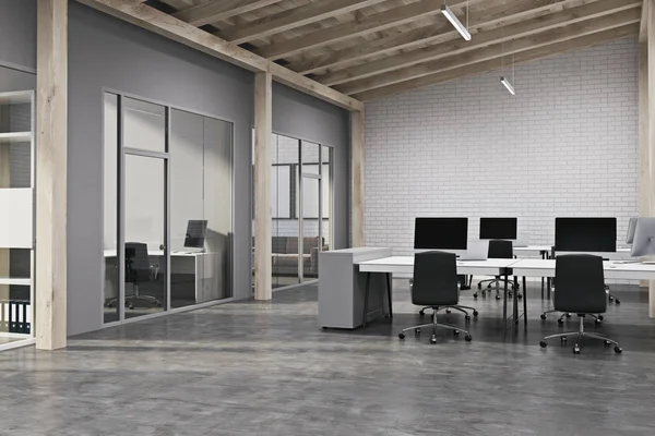 Ufficio open space in mattoni bianchi, sottotetto — Foto Stock