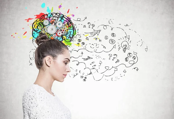 Profile of a calm woman in white, cog brain — Stock Photo, Image