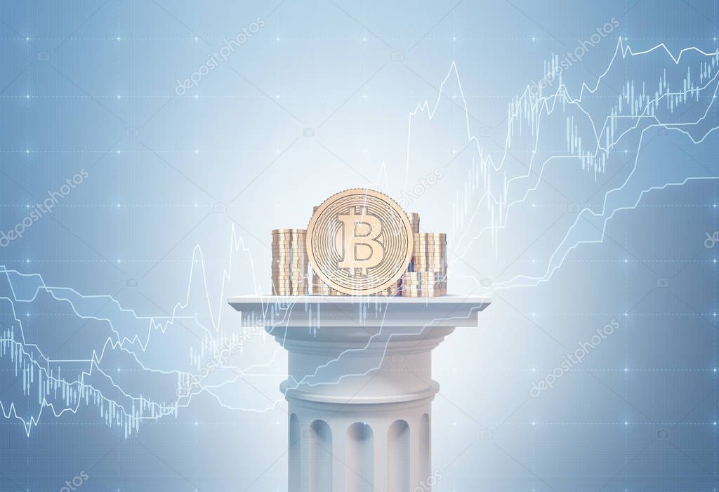 Bitcoin on a column, graphs, blue