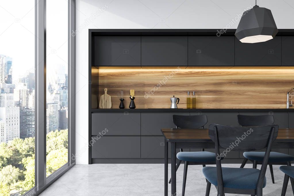 Panoramic black and wooden kitchen