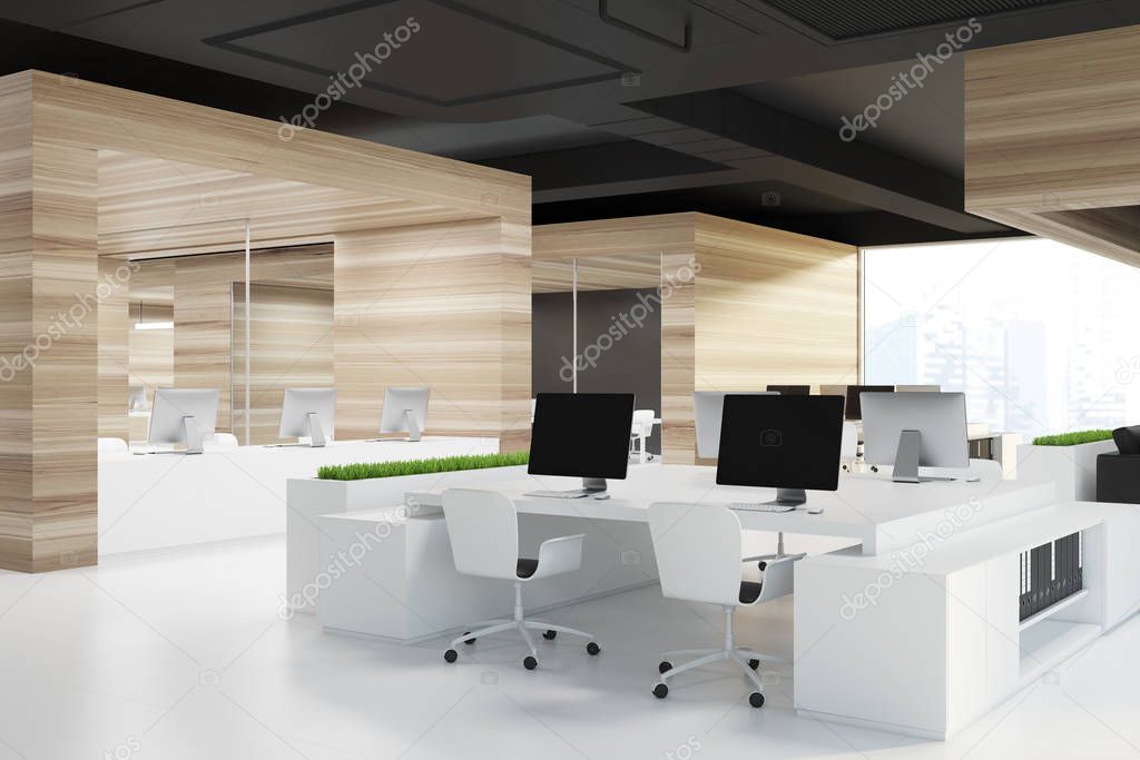 Open space office corner, white floor