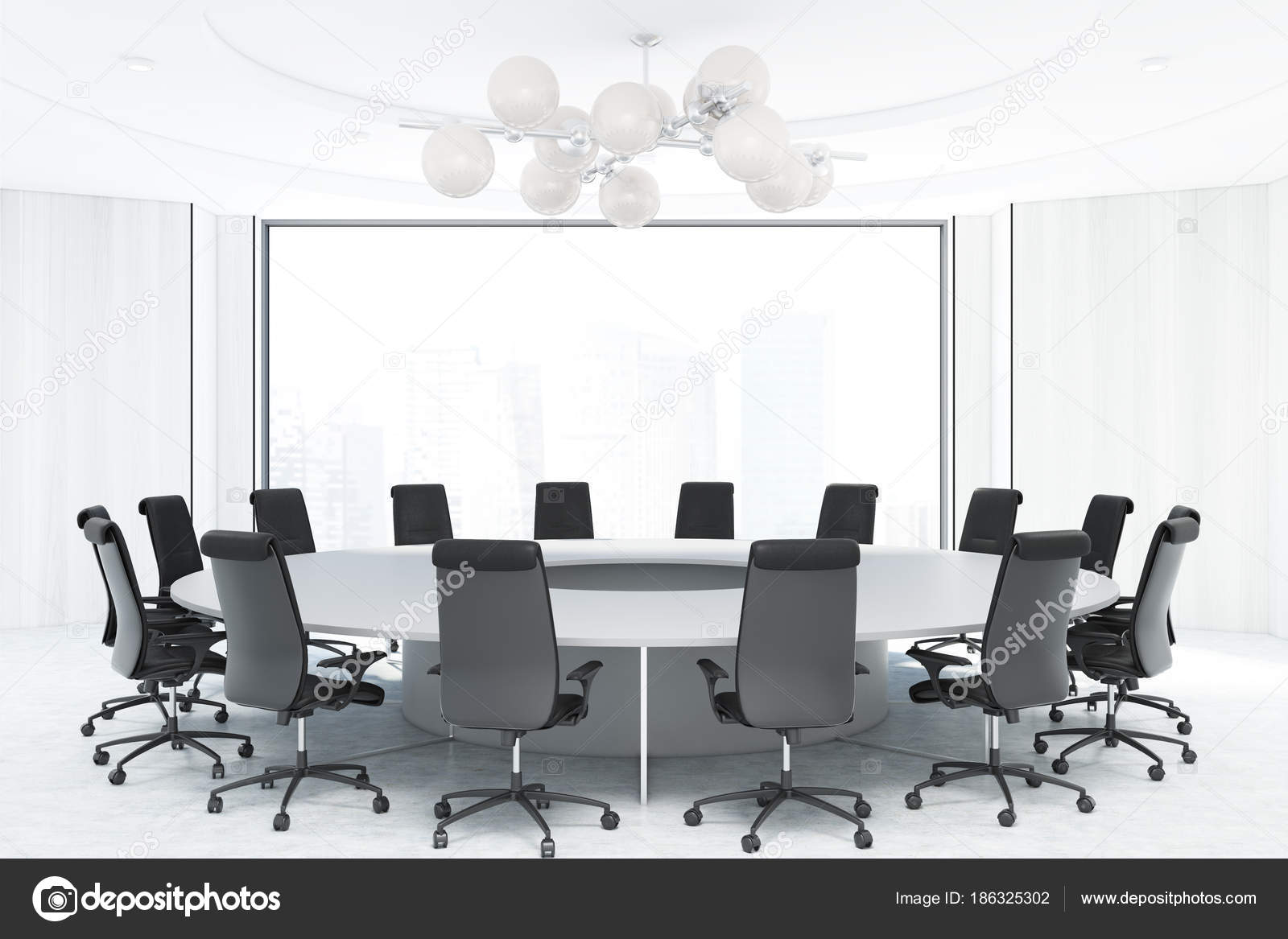 Panoramic White Meeting Room Round Table Stock Photo