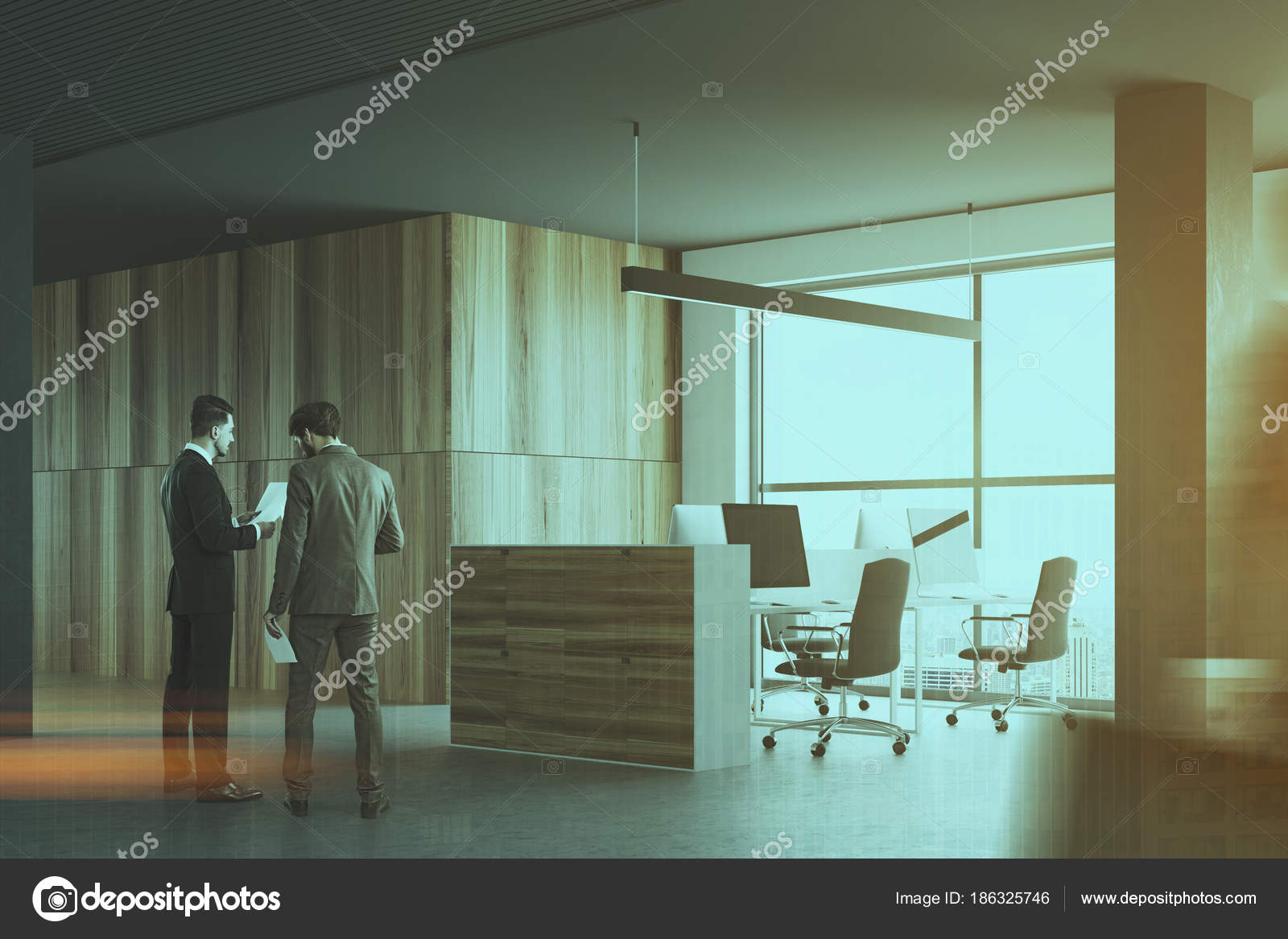 Gray And Wooden Office Cubicles Businessmen Stock Photo