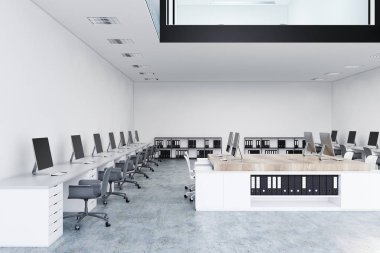 Beyaz ve ahşap açık alan ofis, iki kat