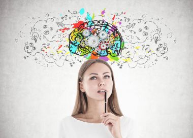 Düşünme, çekici beyaz kadın cog beyin