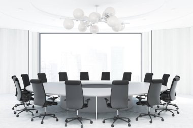 Panoramik beyaz toplantı odası, yuvarlak masa