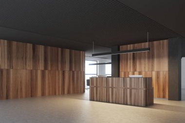 Ahşap ve siyah ofis Resepsiyon yan görünüm