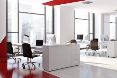Kırmızı ve beyaz modern ofis, yan görünüm