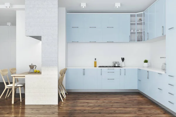Cozinha azul, mobiliário branco — Fotografia de Stock
