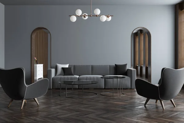 Graues Wohnzimmer, graues Sofa, Sessel — Stockfoto