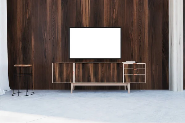 Телевізор на дерев'яному шафі у вітальні — стокове фото